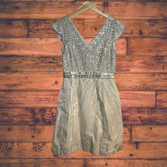 Kay Unger Silk Blend Champagne Embroidered Sequined Dress Size 8 - Picture 1 of 7
